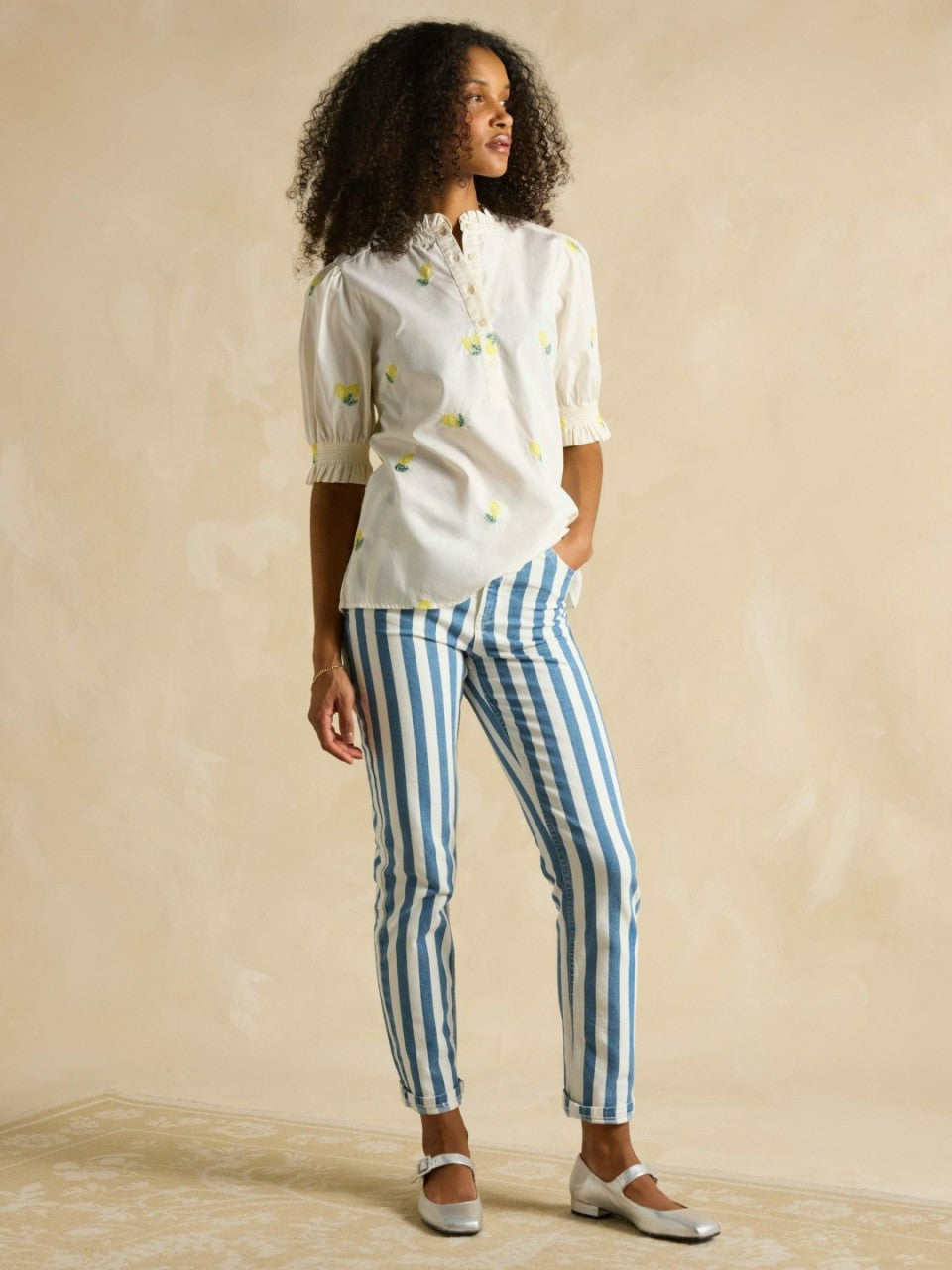 Blue Stripe Straight Fit Mid Rise Jeans - Women