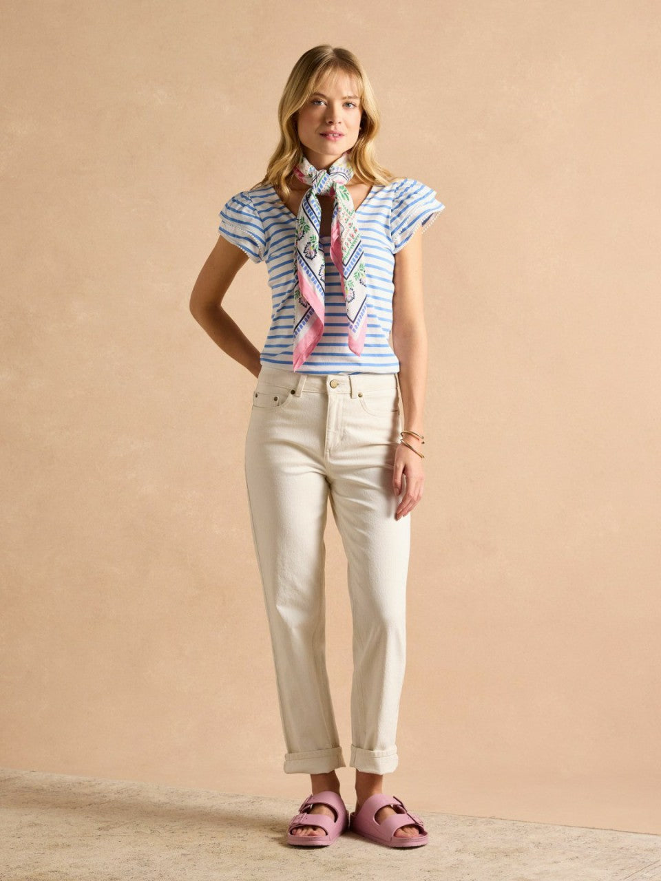 Emma Blue Striped V-Neck Frill Jersey Vest - Women