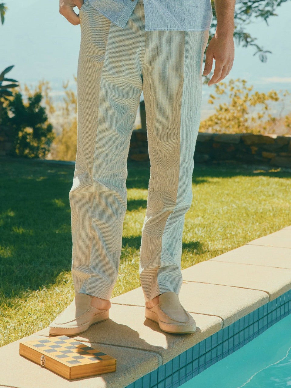 Ecru White Slim Fit Stripe Suit Trousers - Men