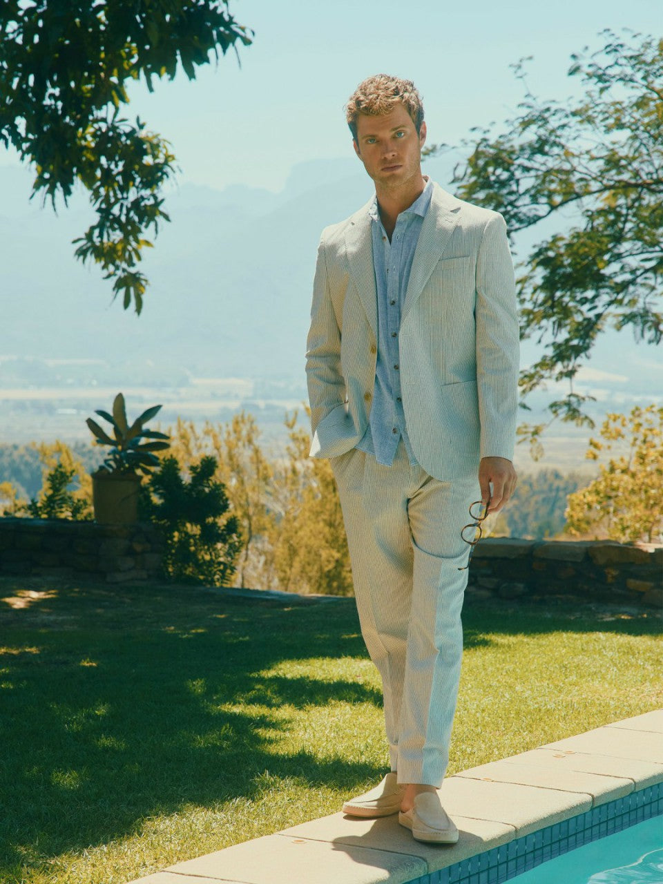 Ecru White Slim Fit Stripe Suit Trousers - Men