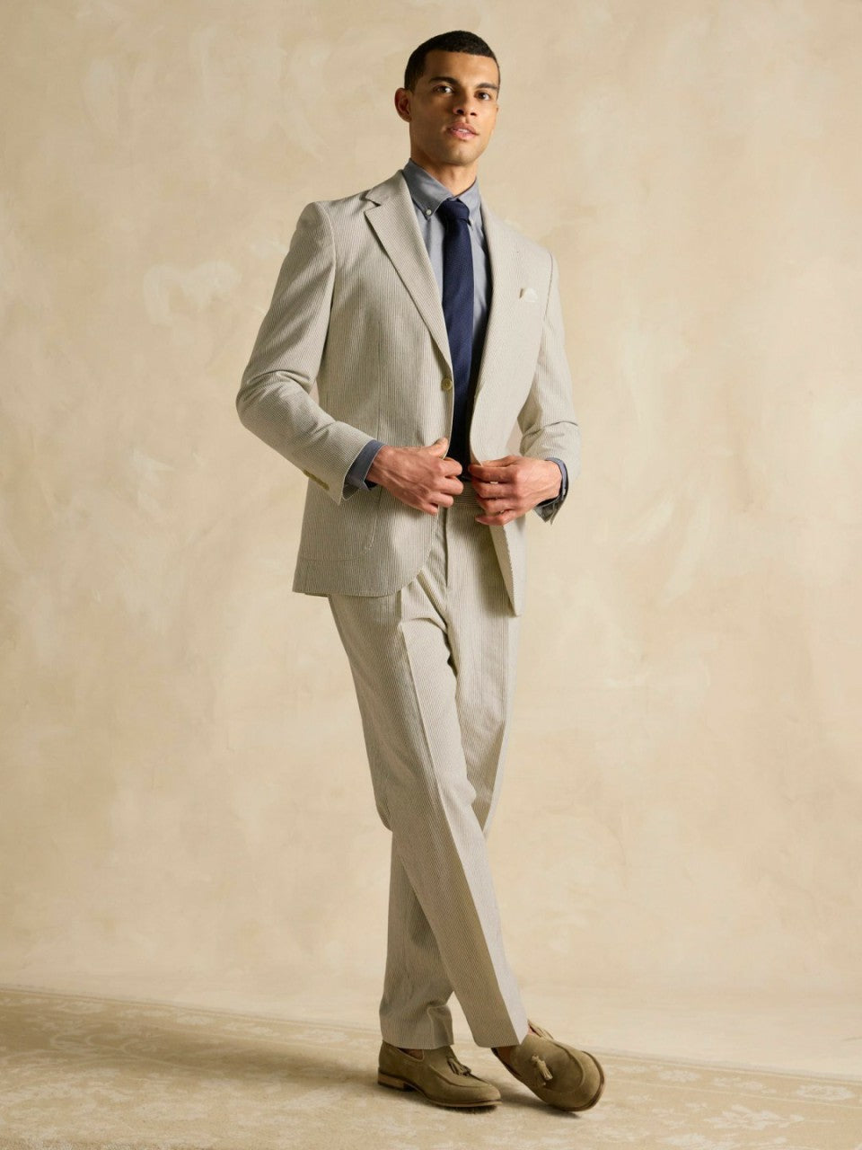 Ecru White Slim Fit Stripe Suit Trousers - Men